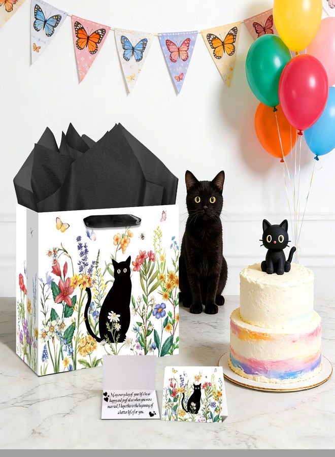 Woosytoo Cat Lover Gift Bag Back Cat Birthday Gifts Wrapping Paper Bag with Greeting Card for Boys Girls Women Men Spring Flower Black Meow Baby Shower Birthday Adoption Anniversaries Party Favors Supplies - Image 5